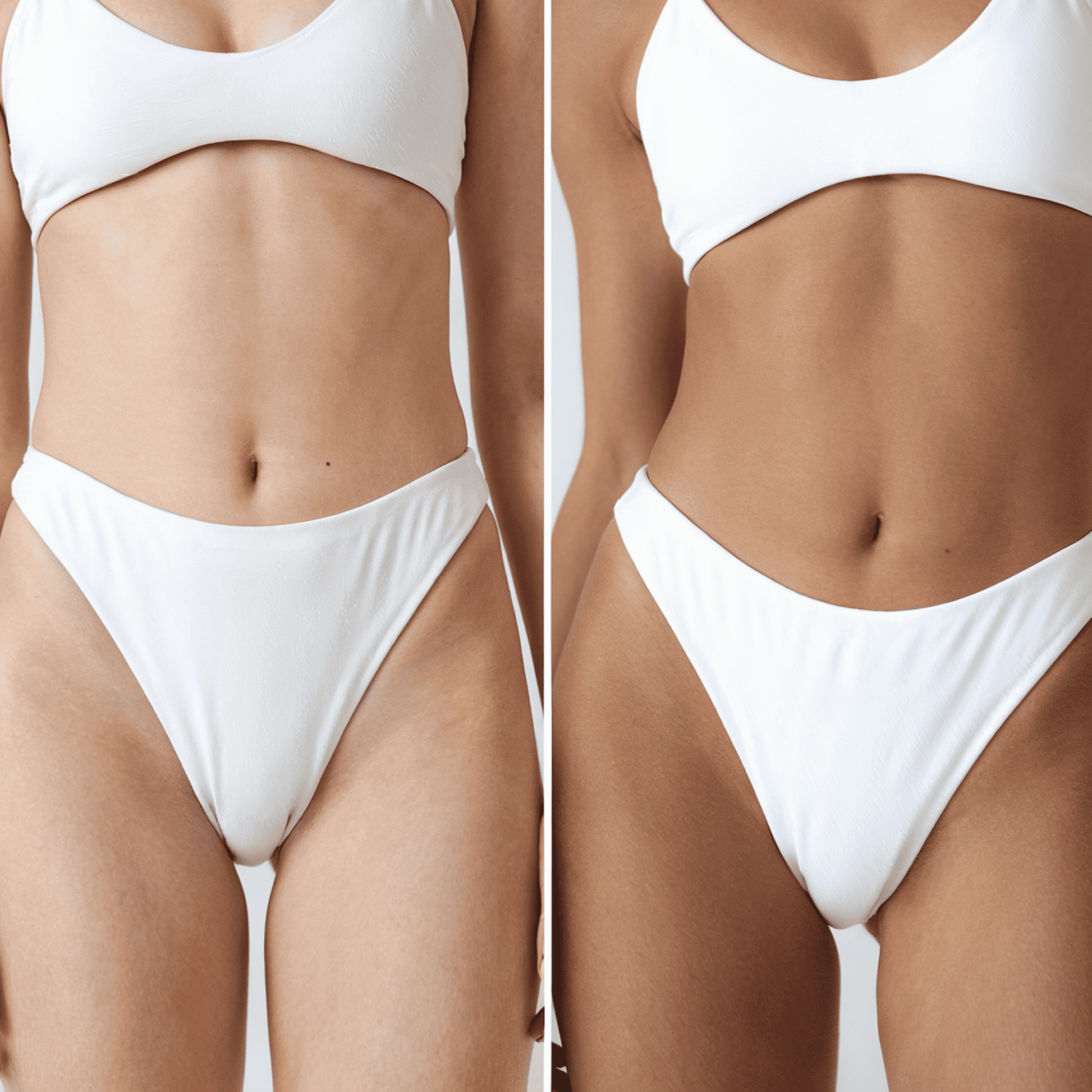 White bikini worn by two different individuals on a plain background