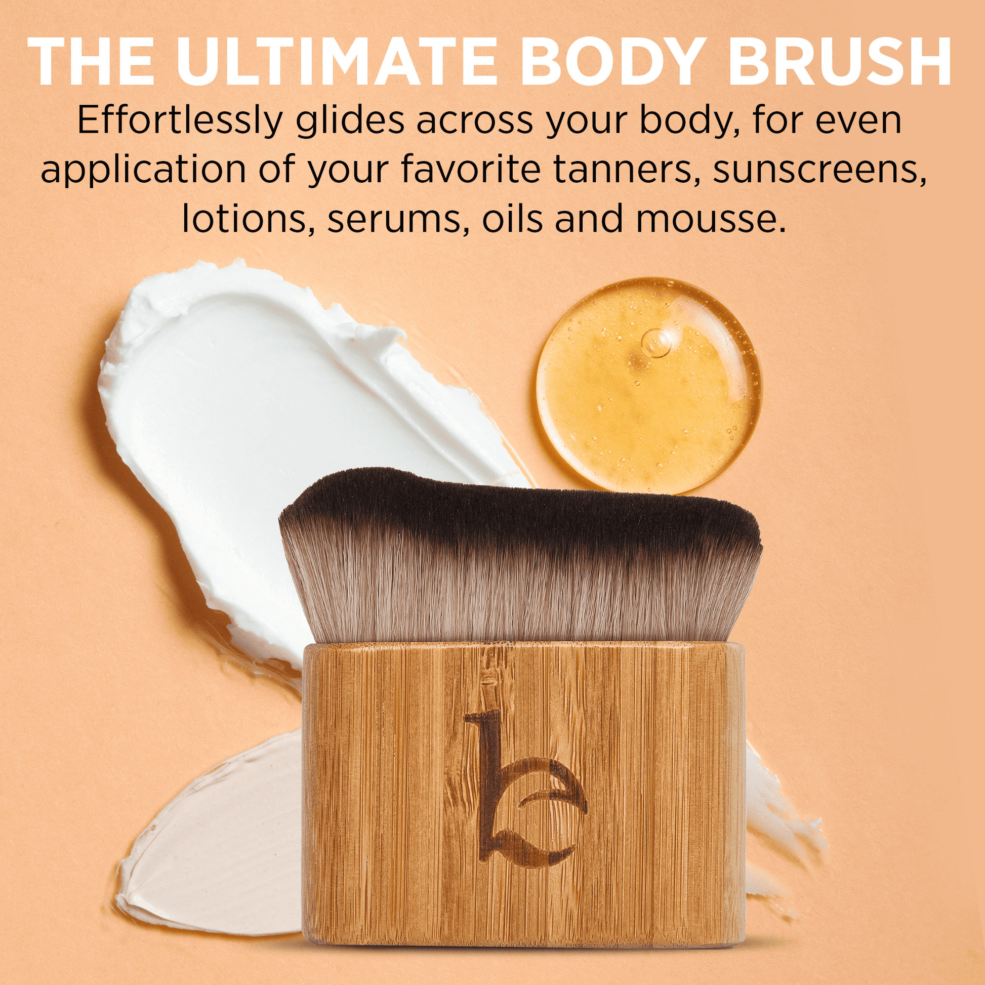 Body brush with wooden handle and white bristles on an orange background, surrounded by cosmetic products.