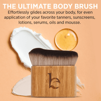 Body brush with wooden handle and white bristles on an orange background, surrounded by cosmetic products.