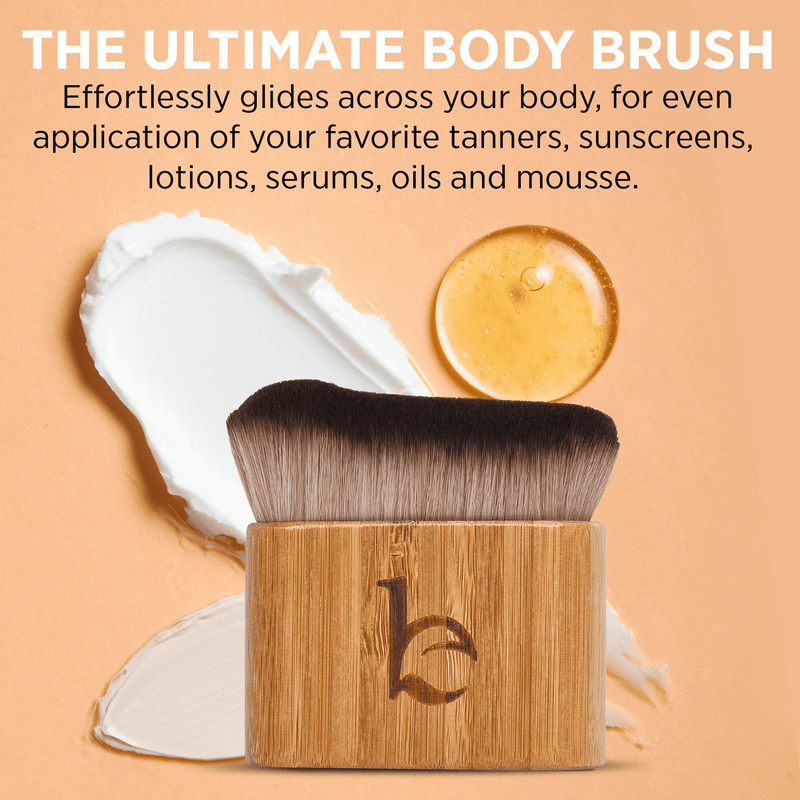 Body brush with wooden handle and white bristles on an orange background, surrounded by cosmetic products.