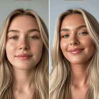 Side-by-side comparison of a woman with and without makeup on a neutral background