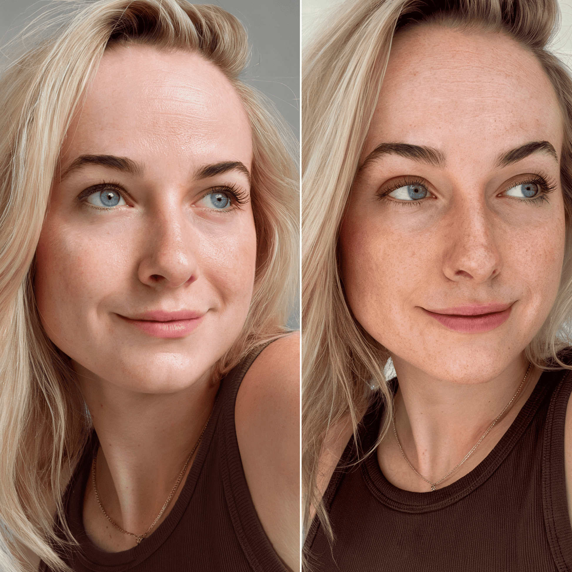 Side-by-side comparison of a woman with and without makeup on a neutral background