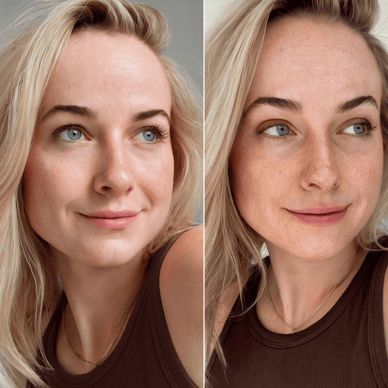 Side-by-side comparison of a woman with and without makeup on a neutral background