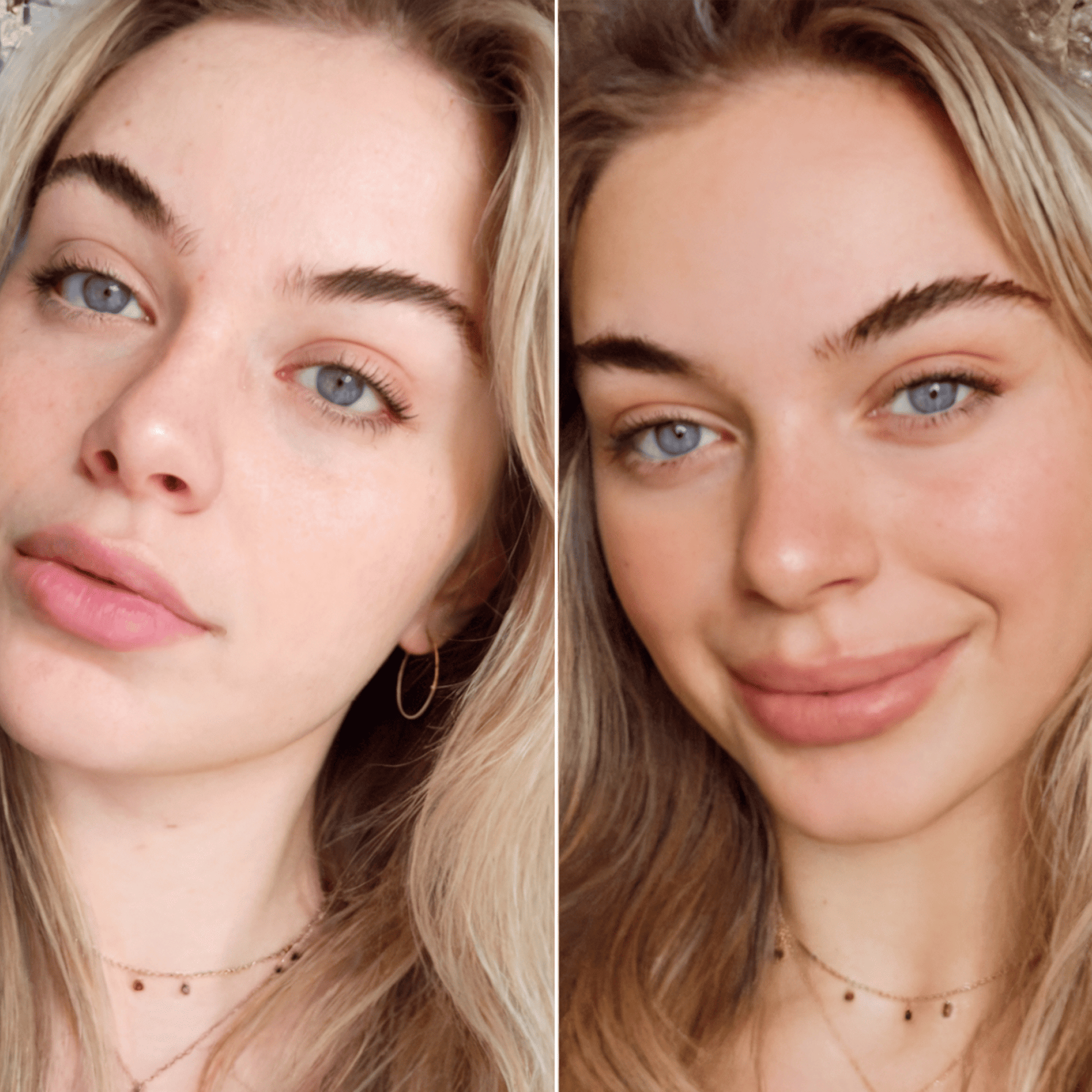 Side-by-side comparison of a woman's face with and without makeup