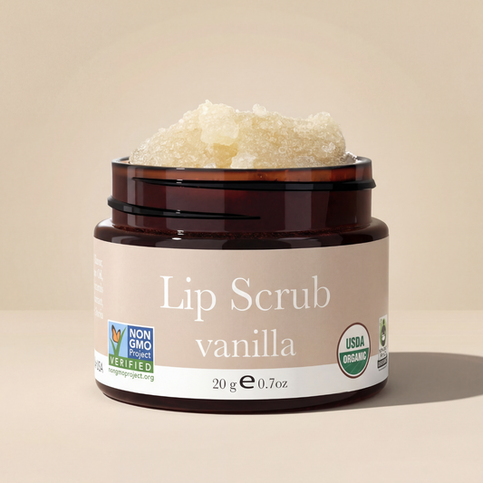Jar of vanilla lip scrub with a beige background
