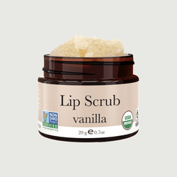 Jar of vanilla lip scrub with a beige background