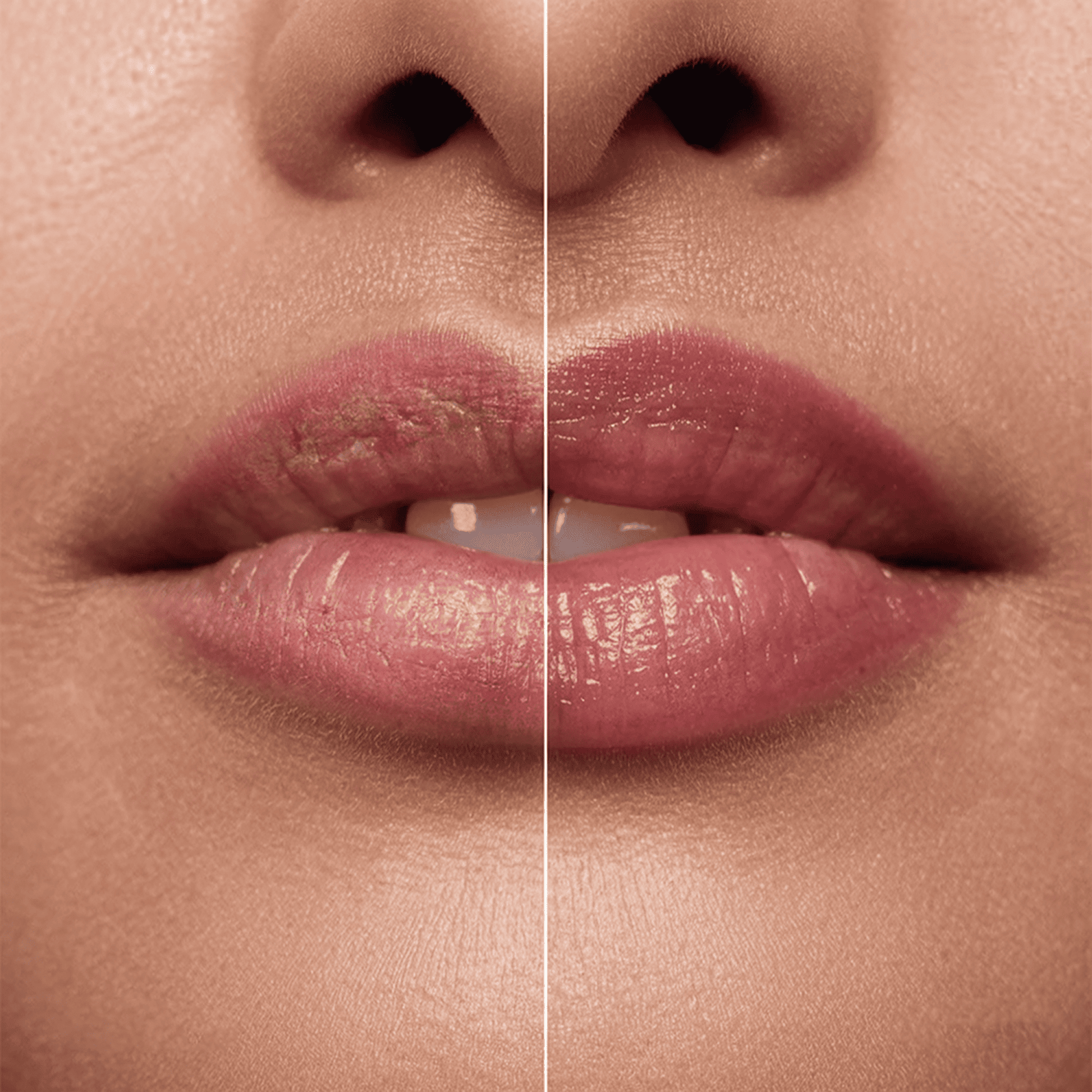 Close-up of lips with a clear lip balm on the left and a pink lip balm on the right.
