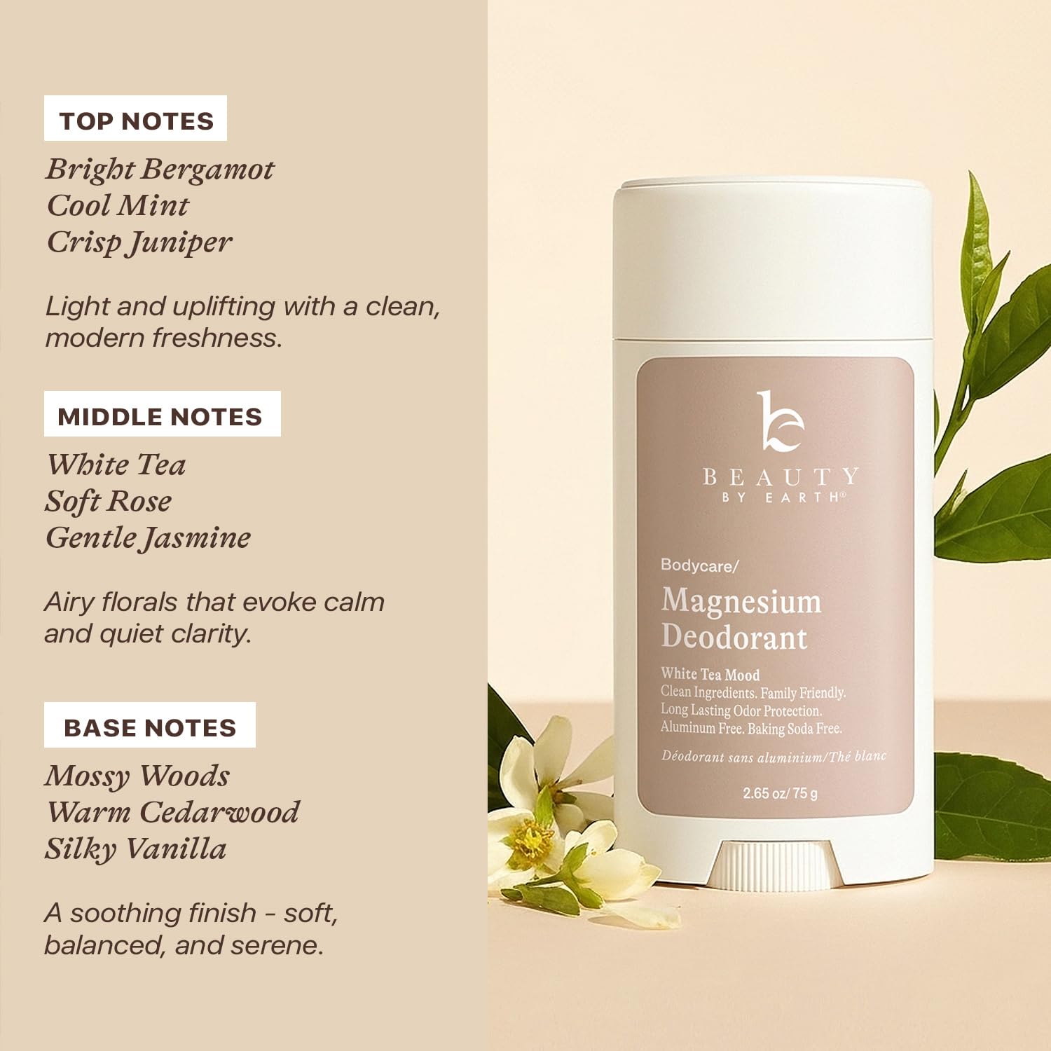 Beauty by Earth magnesium deodorant with fragrance notes on a beige background