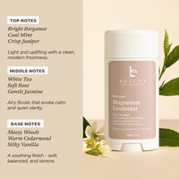 Beauty by Earth magnesium deodorant with fragrance notes on a beige background