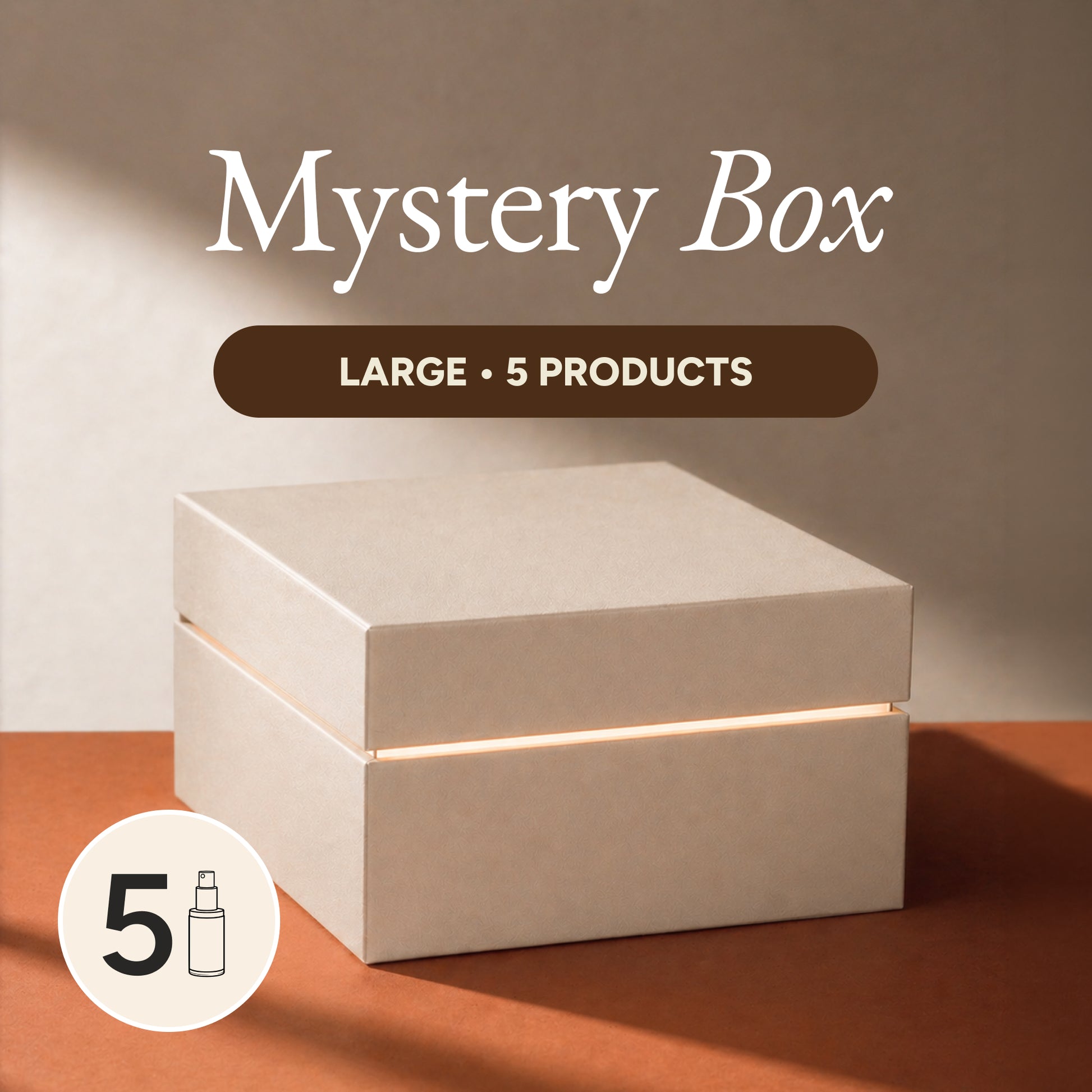 Mystery box with 5 products on a brown surface