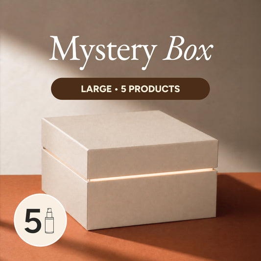 Mystery box with 5 products on a brown surface