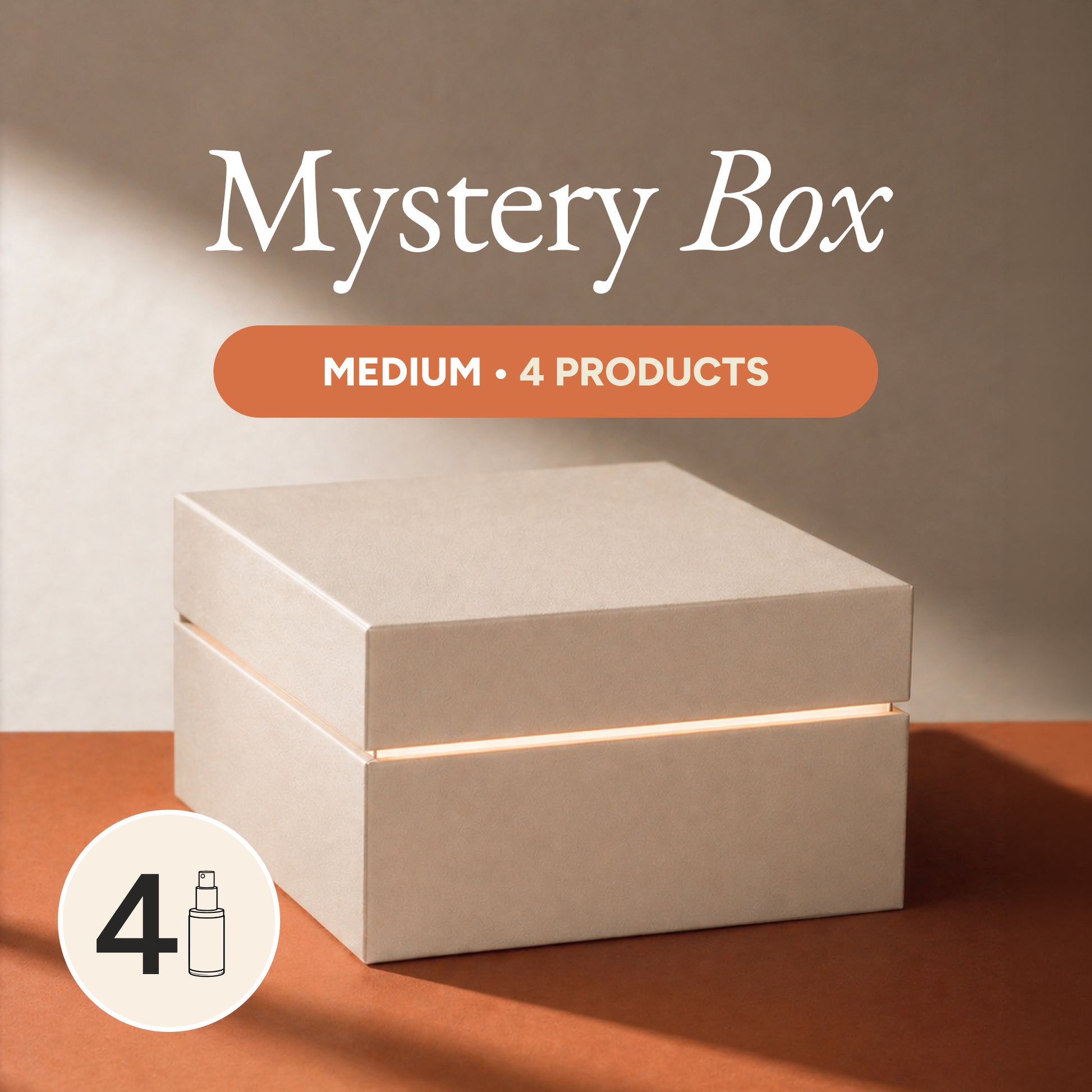 Beige mystery box with 'Medium - 4 Products' text on a brown background