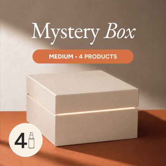 Beige mystery box with 'Medium - 4 Products' text on a brown background
