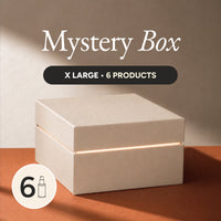 Mystery box with 'X Large' and '6 Products' text on a neutral background