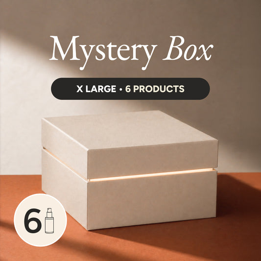 Mystery box with 'X Large' and '6 Products' text on a neutral background