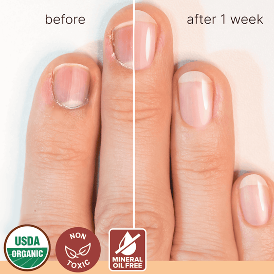 Before and after comparison of nails with organic, non-toxic, and mineral oil-free labels.
