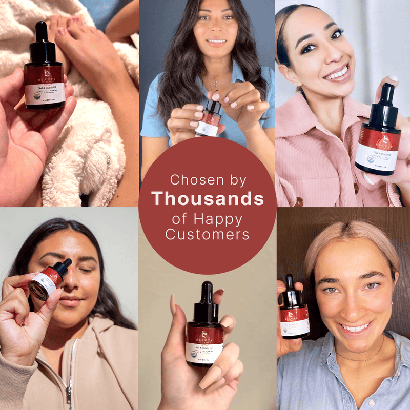 Collage of people holding a nail and cuticle oil bottle with text 'Chosen by Thousands of Happy Customers'.