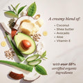 Ingredients including avocado, coconut, shea butter, aloe vera, and vitamin E on a light background.