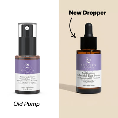 Two bottles of 'Beauty by Earth Youth Restoration Bakuchiol Face Serum , one with an old pump and the other with a new dropper, on a beige background.