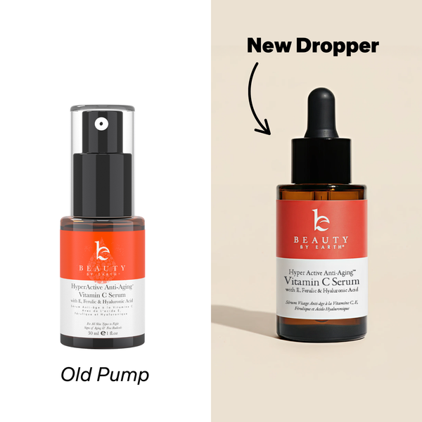 Two bottles of Beauty by Earth Vitamin C serum, one with an old pump and the other with a new dropper, on a beige background.