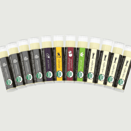 Row of lip balm tubes with various flavors on a light gray background