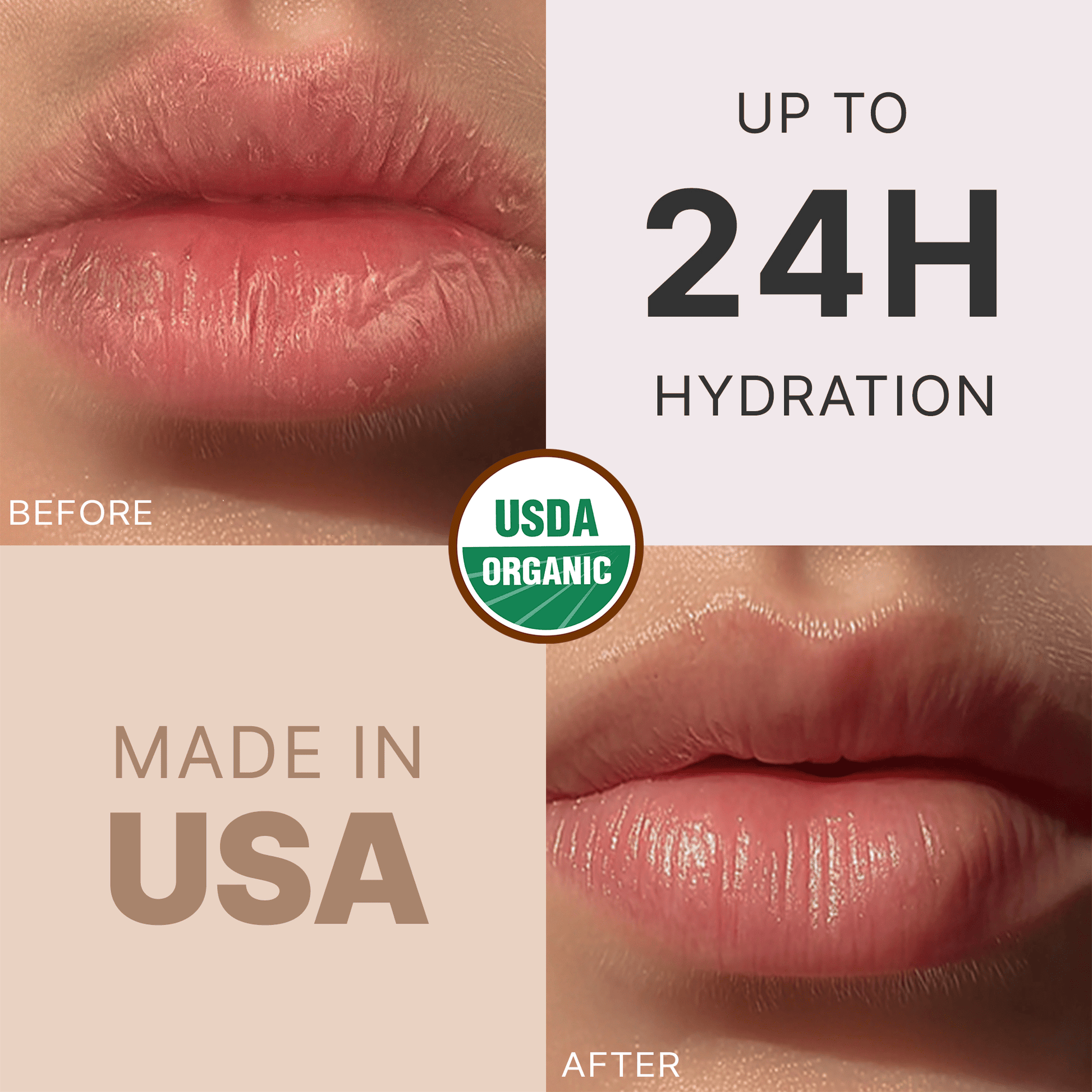 Before and after comparison of lips with hydration benefits and USDA Organic label.