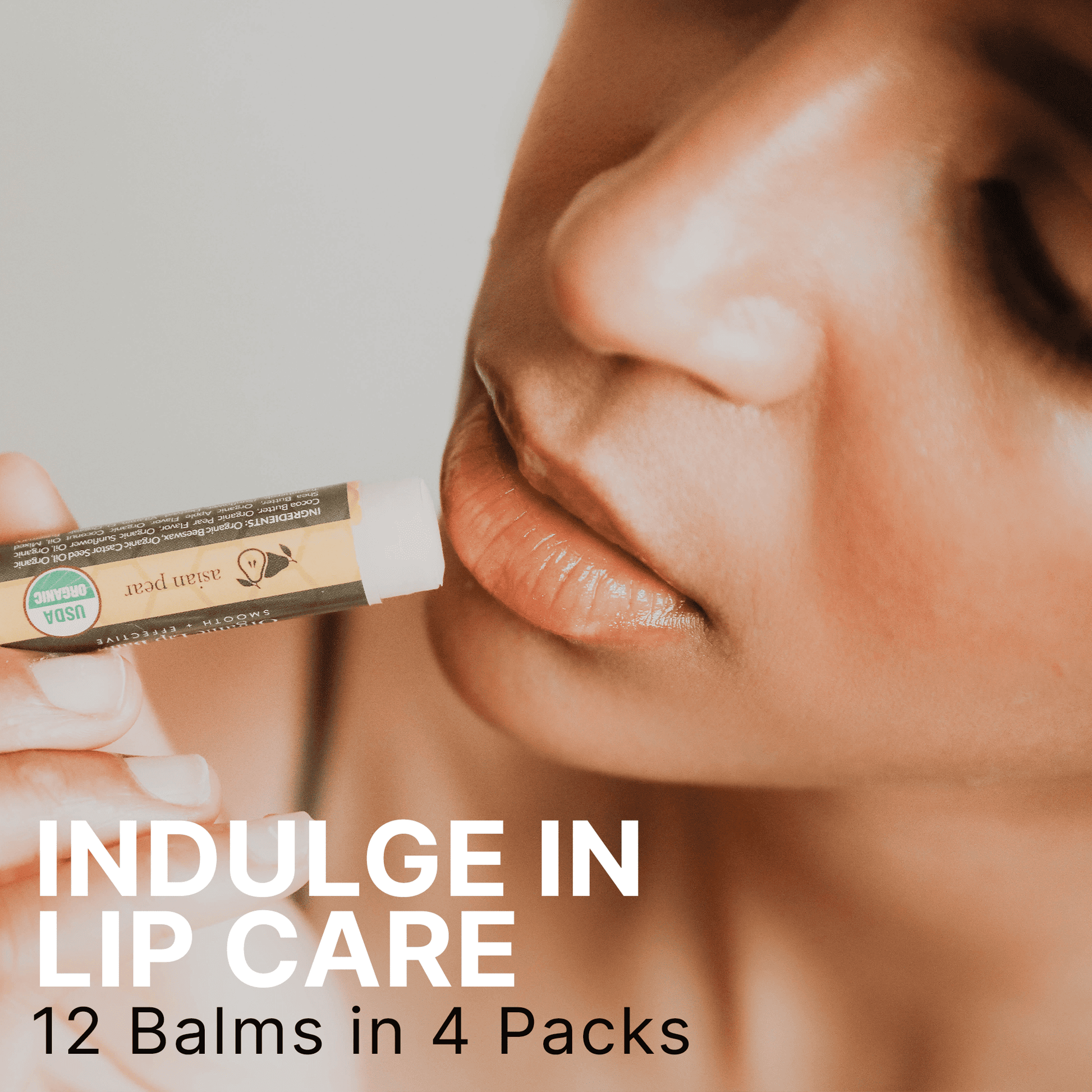 Person applying lip balm with text promoting lip care products.