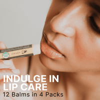 Person applying lip balm with text promoting lip care products.