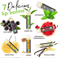 Various lip balms with their flavors and ingredients displayed on a white background.