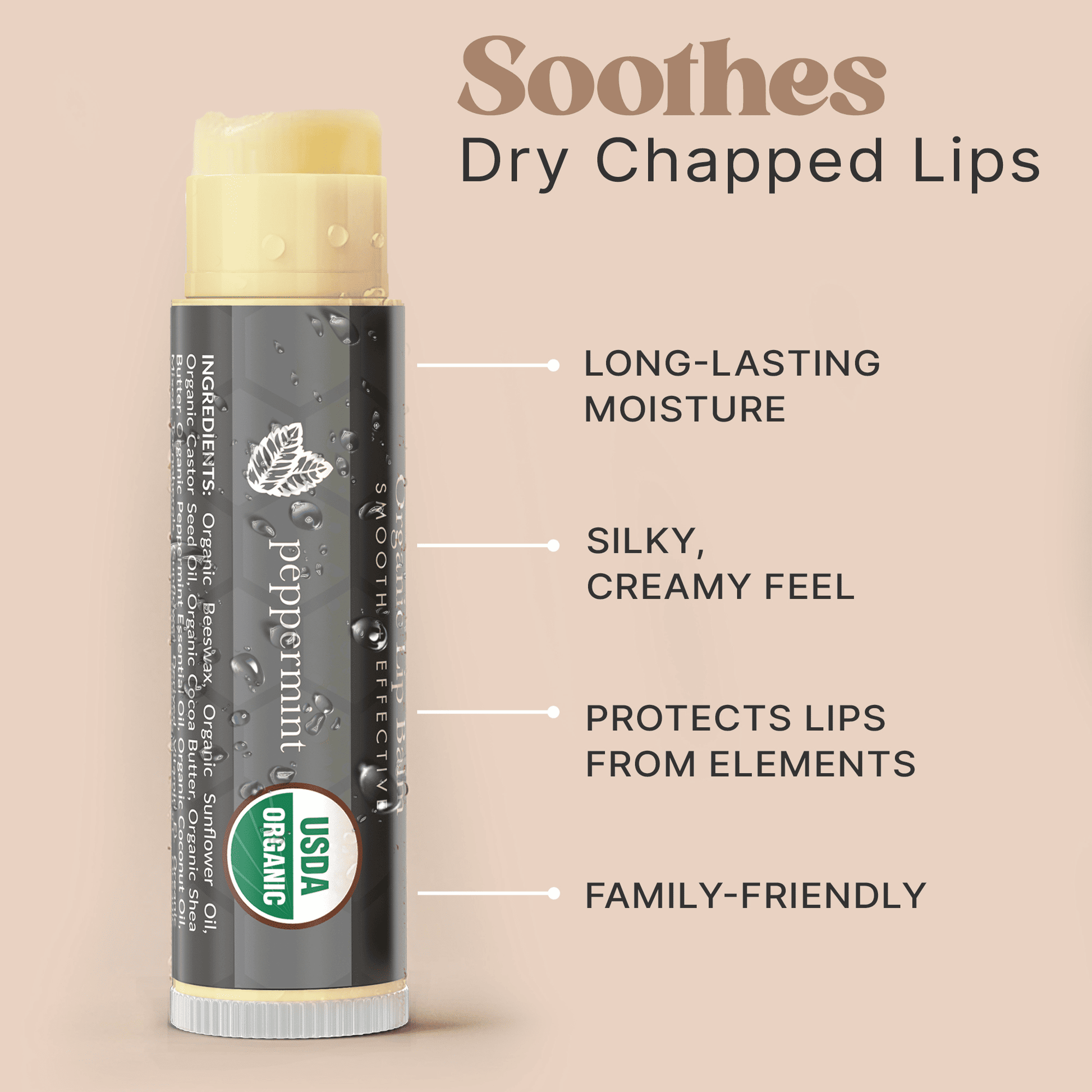Lip balm with text highlighting its benefits on a beige background