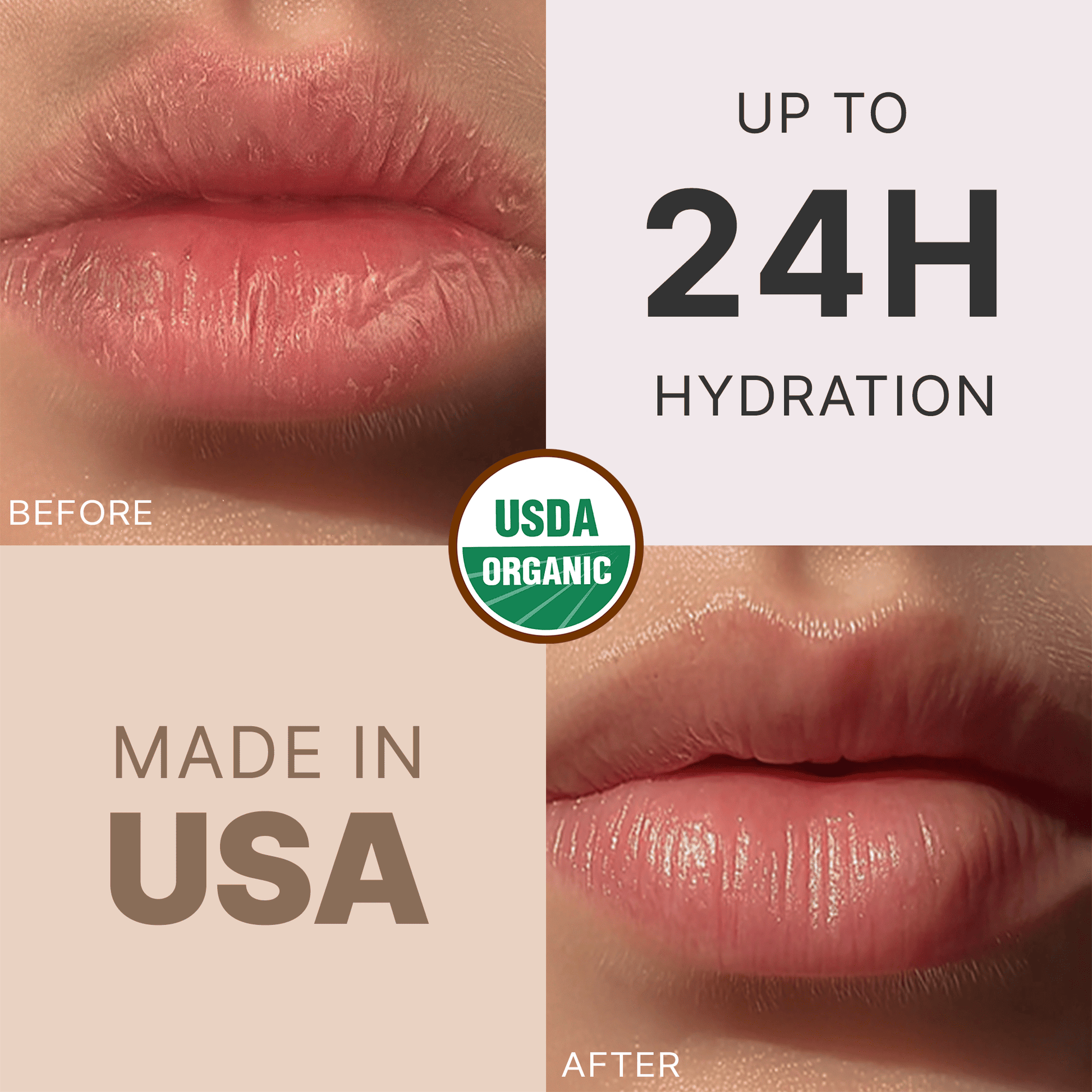 Lips before and after application with text 'Up to 24H Hydration', 'Made in USA', and USDA Organic logo.