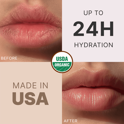 Lips before and after application with text 'Up to 24H Hydration', 'Made in USA', and USDA Organic logo.