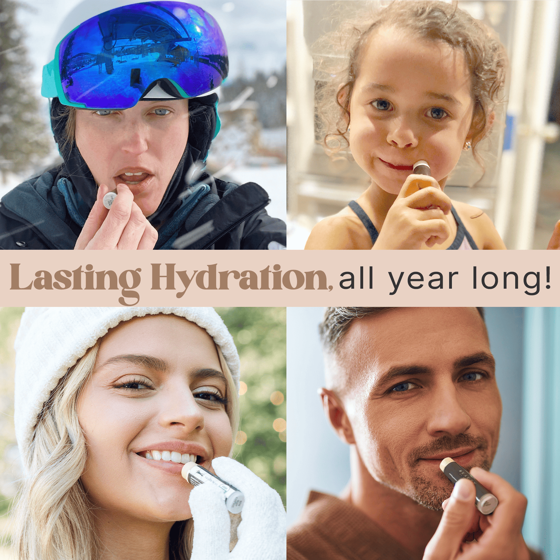 Collage of people using a product with text 'Lasting Hydration all year long!'
