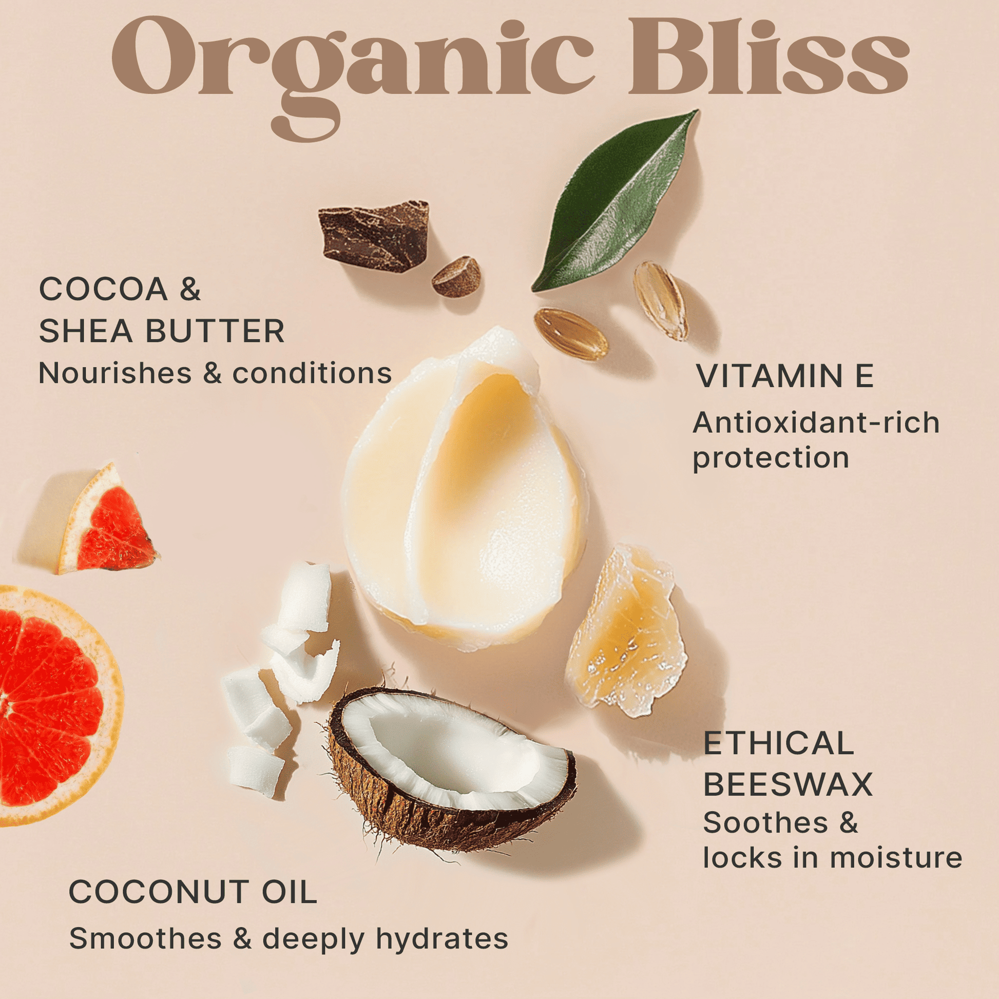 Ingredients for organic skincare products on a beige background with text describing their benefits.