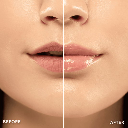 Before and after comparison of lips with a cosmetic product application.