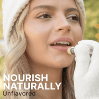 Woman applying lip balm with text 'Nourish Naturally Unflavored' on a blurred outdoor background