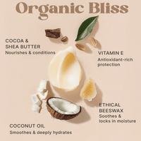 Ingredients of Organic Bliss with coconut, cocoa, shea butter, and vitamin E on a beige background.