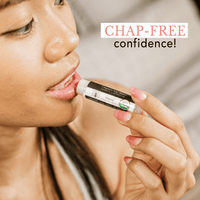 Person applying lip balm with 'Chap-Free confidence!' text above.