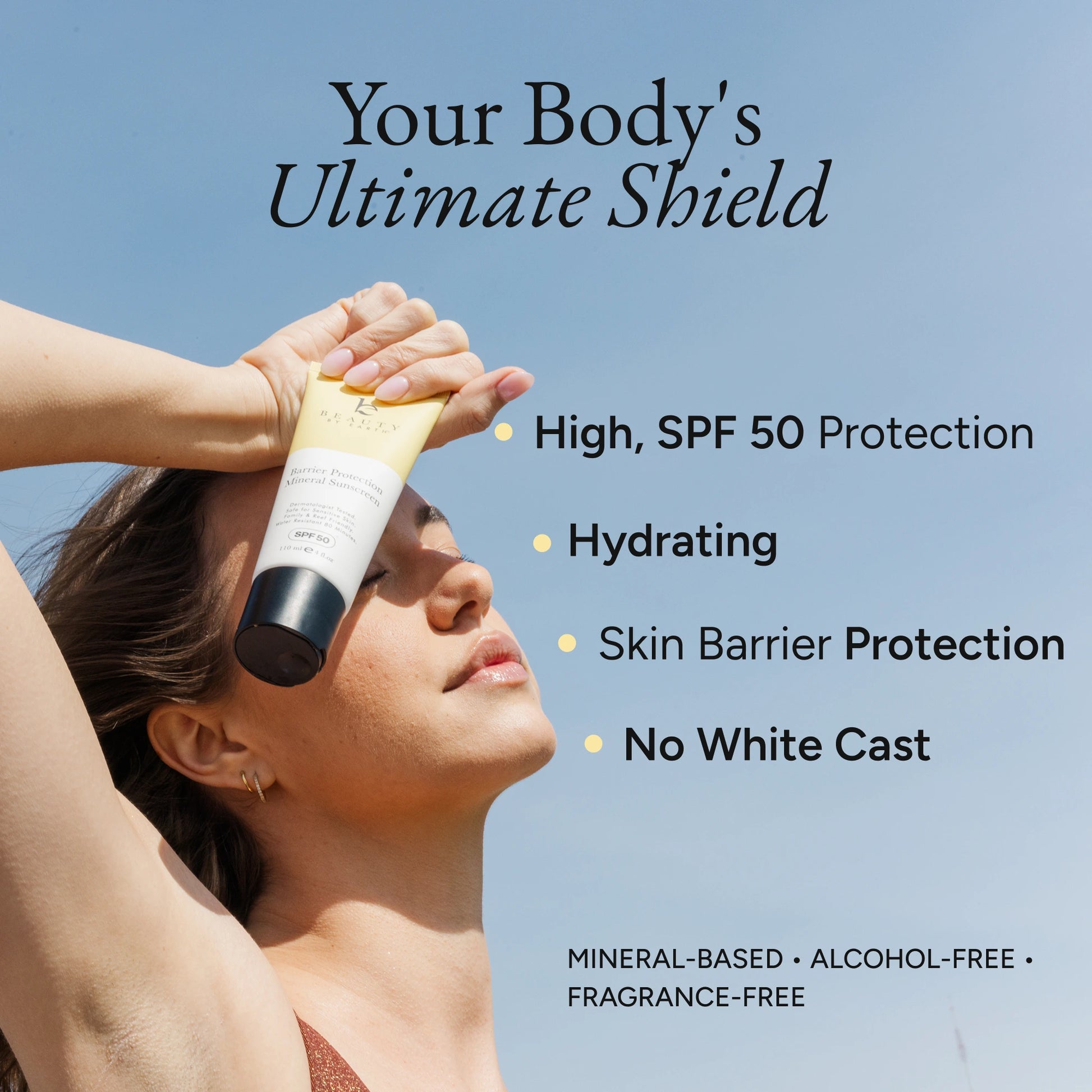 Woman applying sunscreen with text highlighting its features on a clear blue sky background