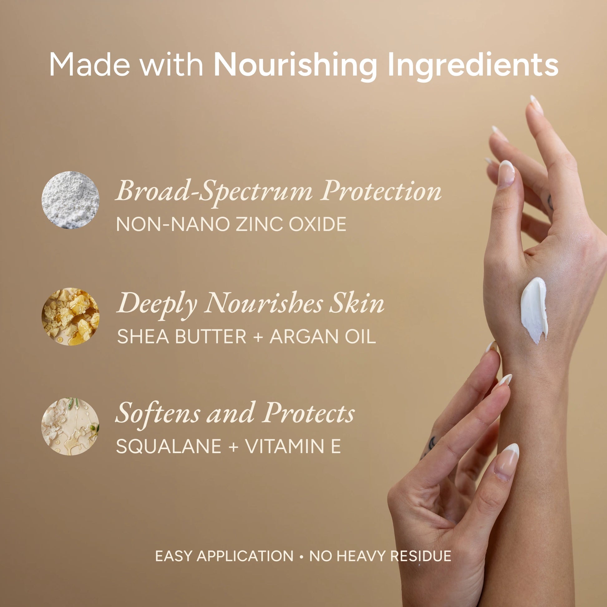 Hand applying cream with nourishing ingredients listed on a beige background