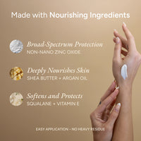 Hand applying cream with nourishing ingredients listed on a beige background