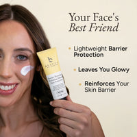Woman applying sunscreen with the text 'Your Face's Best Friend, Lightweight Barrier Protection, Leaves You Glowy, Reinforces Your Skin Barrier" on a beige background
