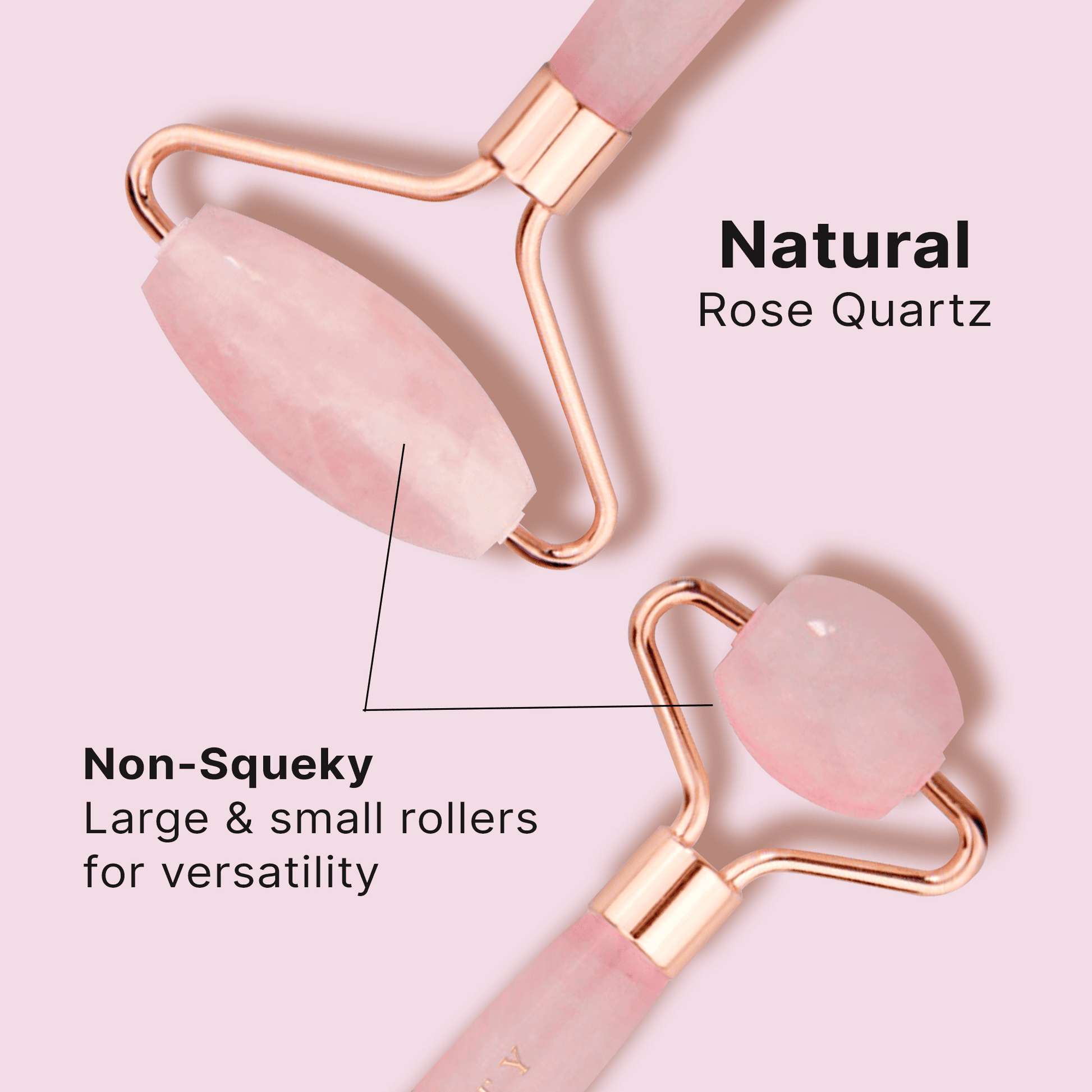 Rose quartz roller with gold handle on a pink background, labeled 'Natural Rose Quartz' and 'Non-Squeaky'.
