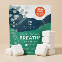 Beauty by Earth Eucalyptus Mint Shower Steamers packaging with tablets on a beige background