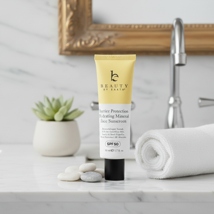 Tube of beauty by earth sunscreen on a marble surface with decorative elements