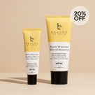 Beauty by Earth Barrier Protection Mineral Sunscreen SPF 50 (110ml / 4 fl oz) and Hydrating Mineral Face Sunscreen SPF 50 (30ml / 1.7oz) tubes displayed side by side with a 20% off badge — dermatologist tested, safe for sensitive skin, family and reef friendly, water resistant 80 minutes.