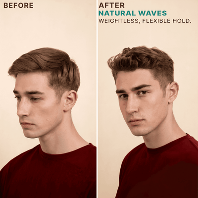 Before and after comparison of a man's hairstyle with 'Natural Waves' text.