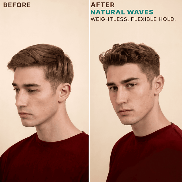 Before and after comparison of a man's hairstyle with 'Natural Waves' text.