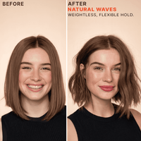 Before and after comparison of hair styled with 'Natural Waves' product.