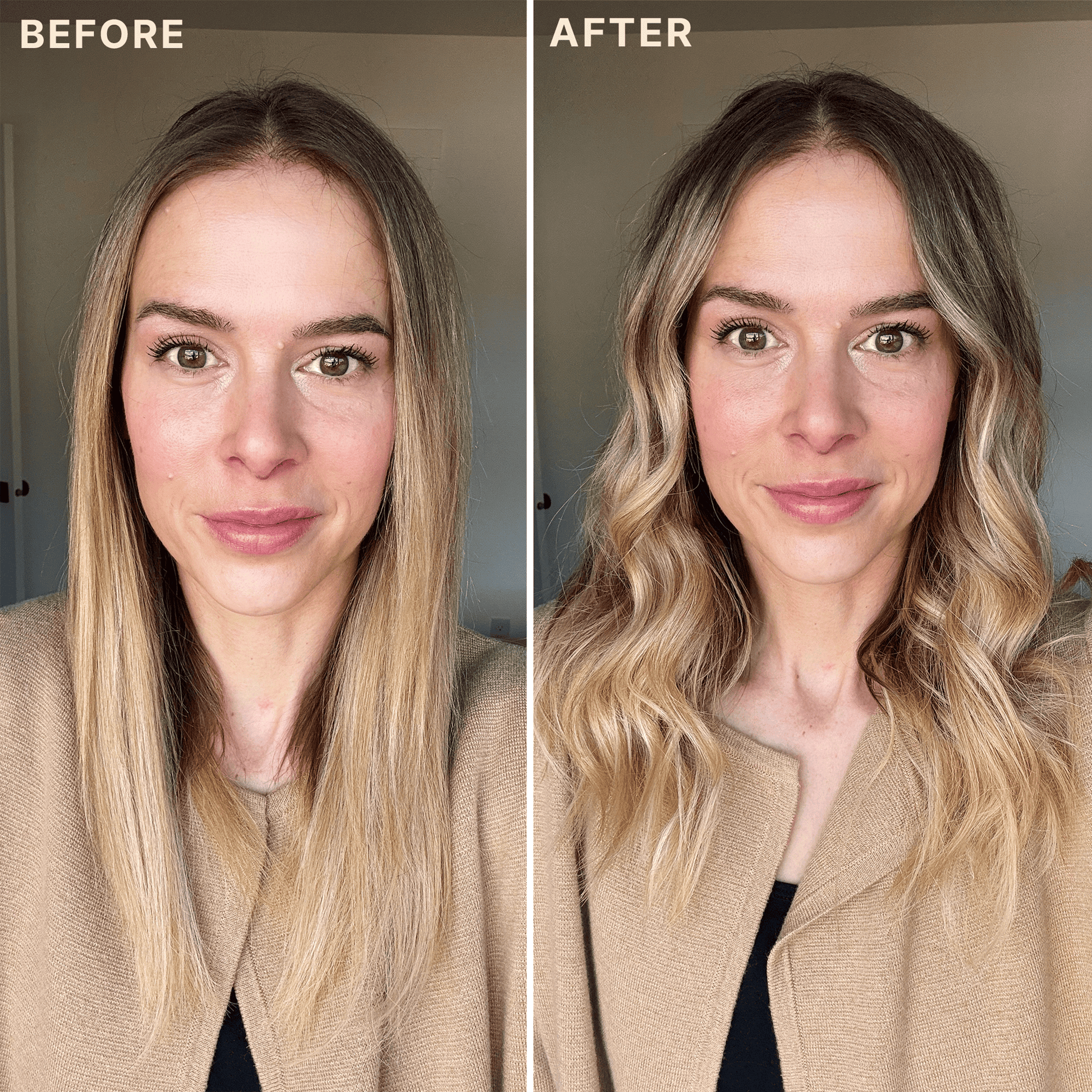 Before and after comparison of a woman with styled hair.